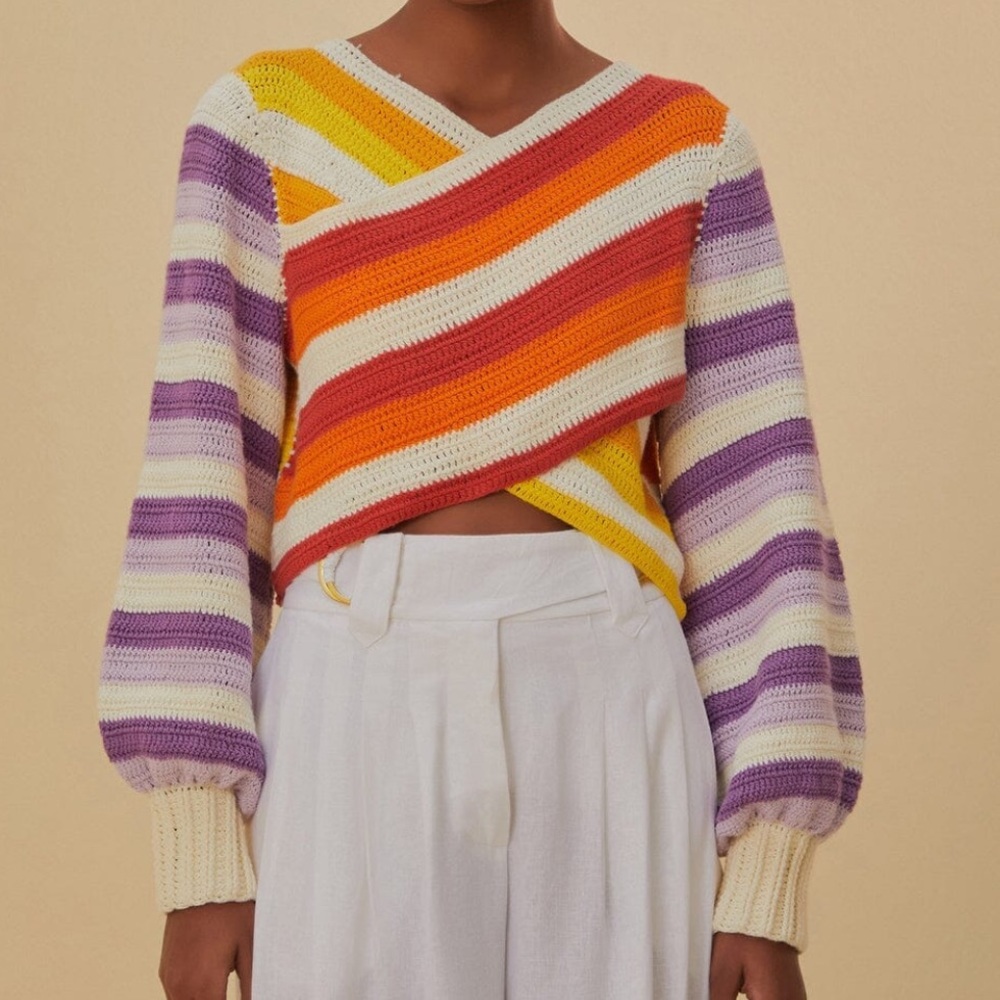 FARM Rio Striped Cropped Knit Sweater in Purple, Yellow, Orange, Cream